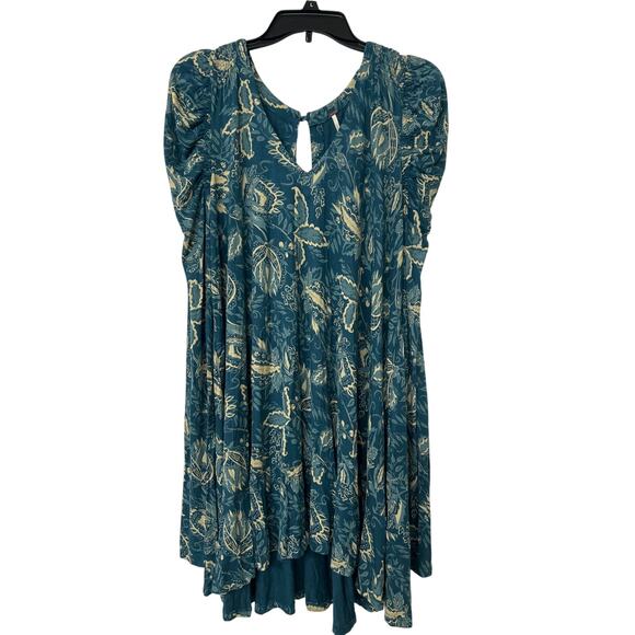Free People Hello Lover Turquoise Floral Puff Sleeve Mini Dress Tunic Top L Boho - Picture 4 of 16